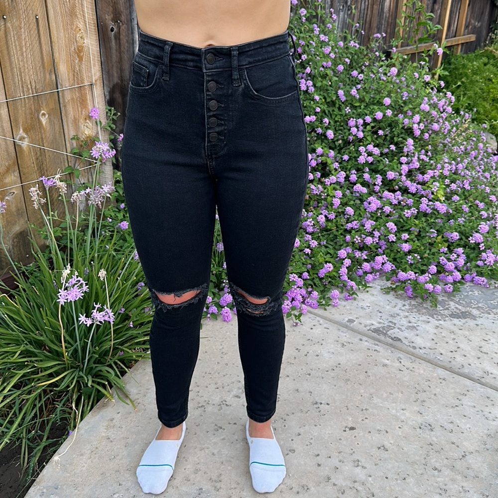 Free People Distressed High Rise Button Front Skinny Jeans Size 26